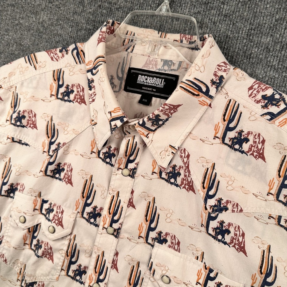 Rock & Roll Denim Vintage 46 Mens XXL Western Pearl Snap Cactus Cowboy Shirt